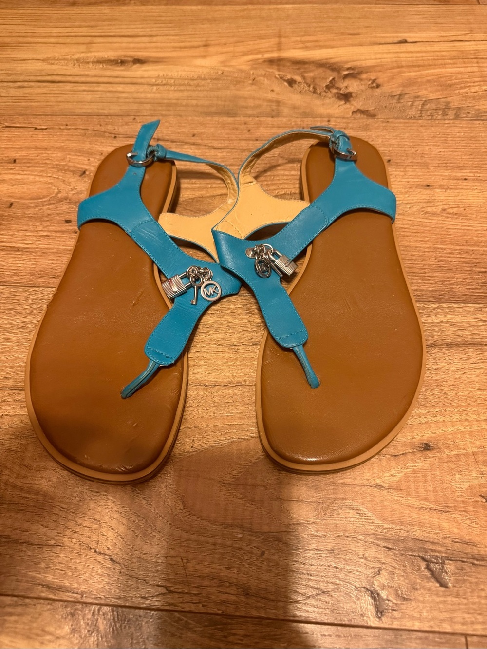 Michael Kors Blue Leather T-Strap Sandals with MK Charm